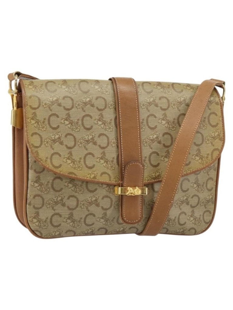 Authentic Celine C Sulky Horse Carriage Shoulder Bag Pvc Beige Gold
